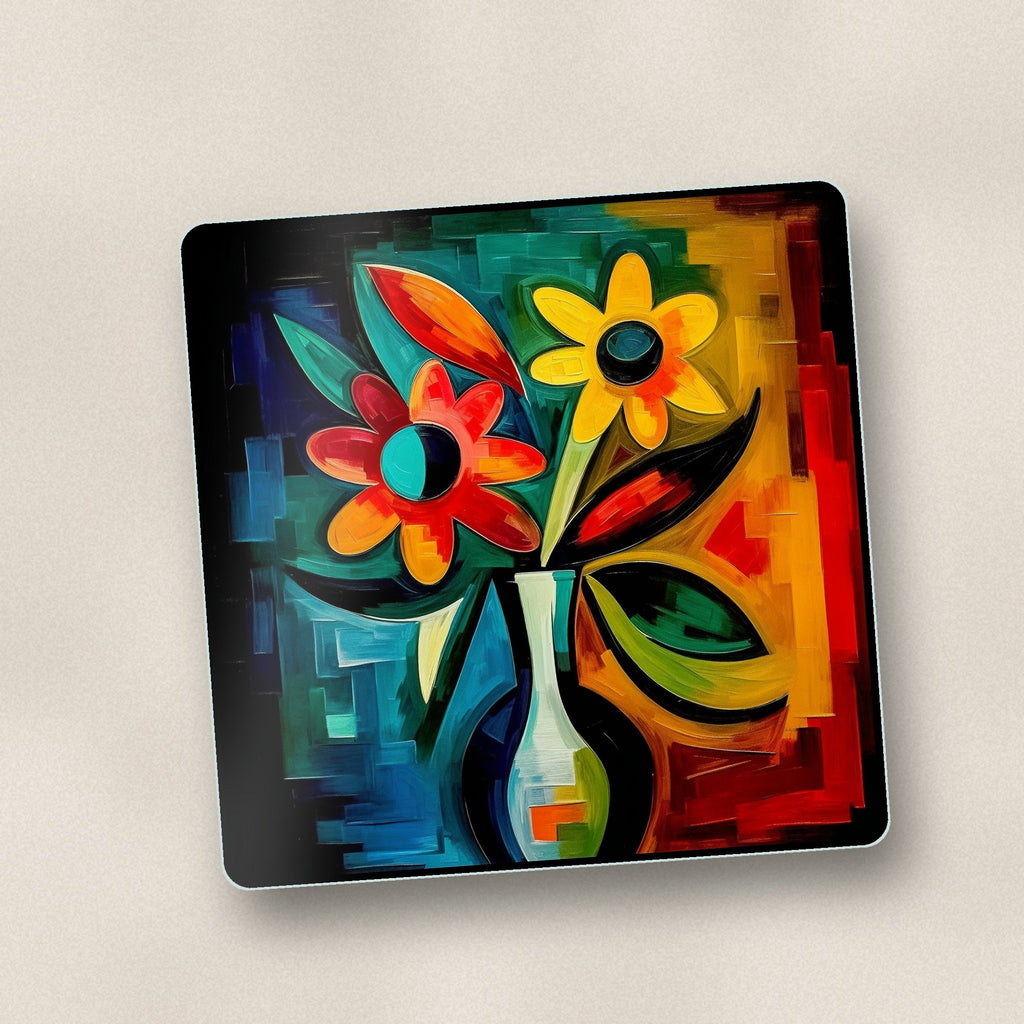 Close-up of one cubist-style flowers in a vase square glass coaster, flat UV print