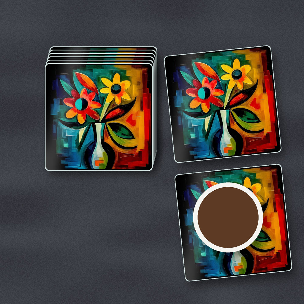 Cubist-Style Flowers in a Vase square glass coasters stacked on a slate kitchen worktop