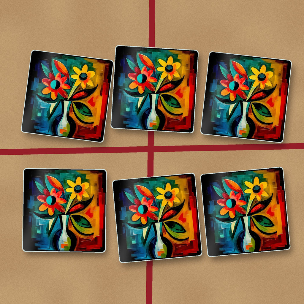 Cubist-Style Flowers in a Vase square glass coasters on kraft gift wrap