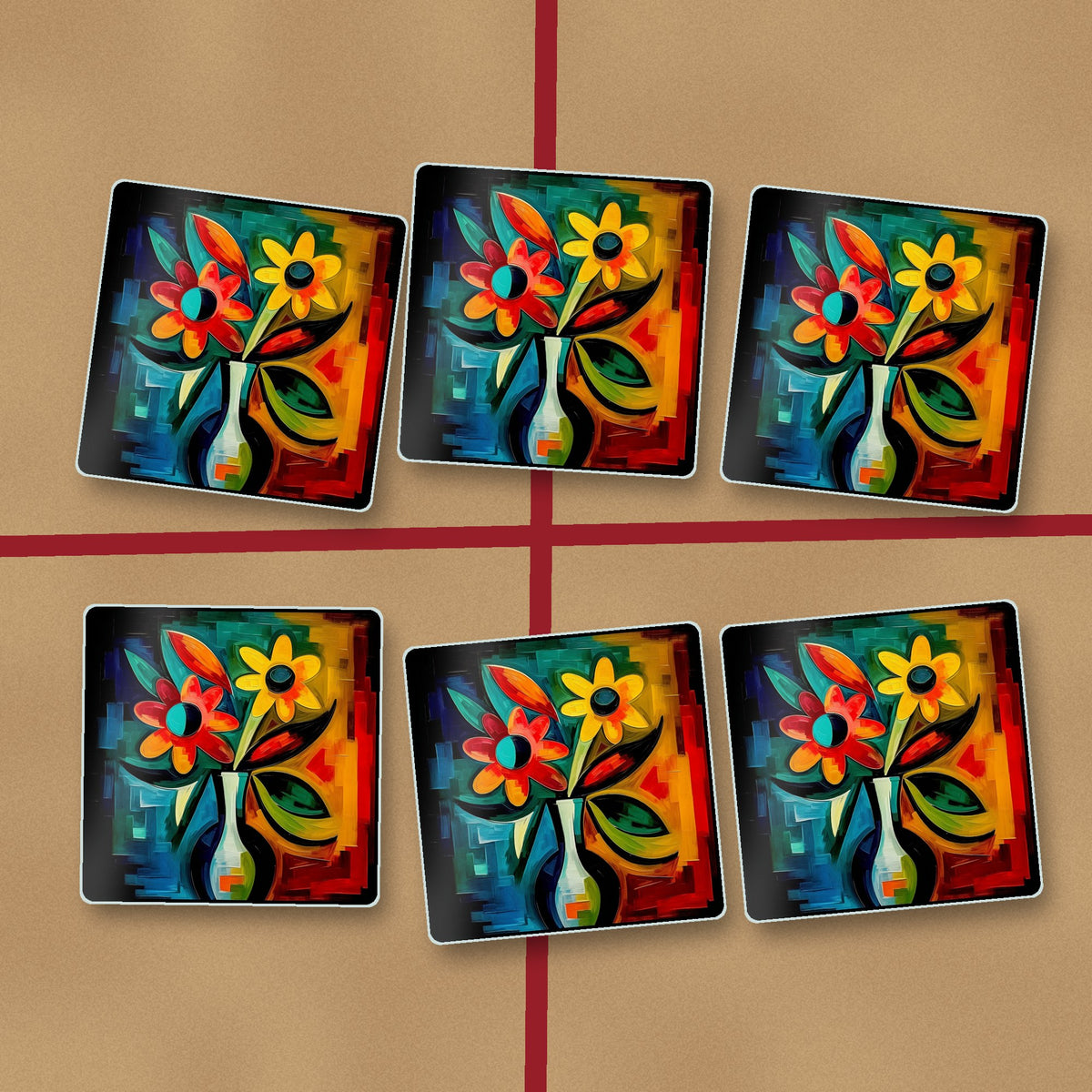 Cubist-Style Flowers in a Vase square glass coasters on kraft gift wrap