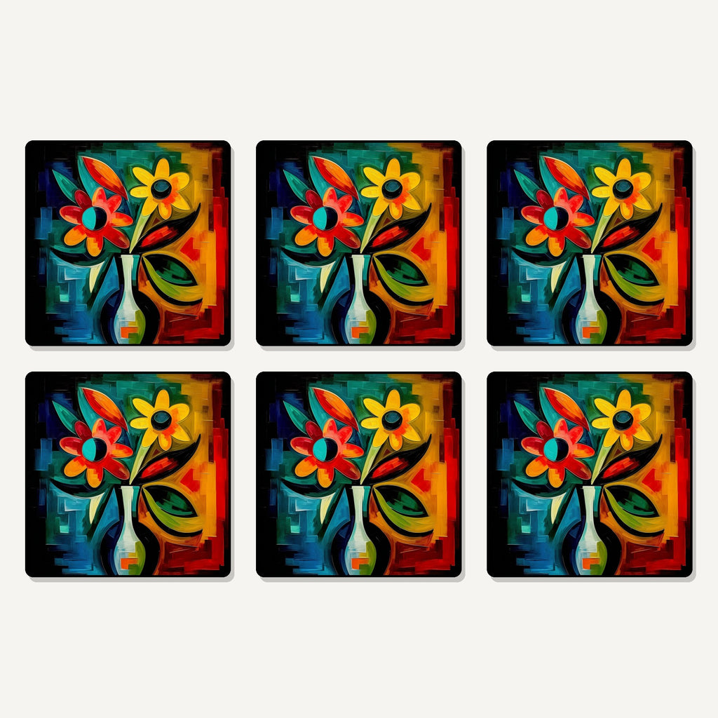 Flat lay of the cubist-style flowers in a vase artwork on six square coasters