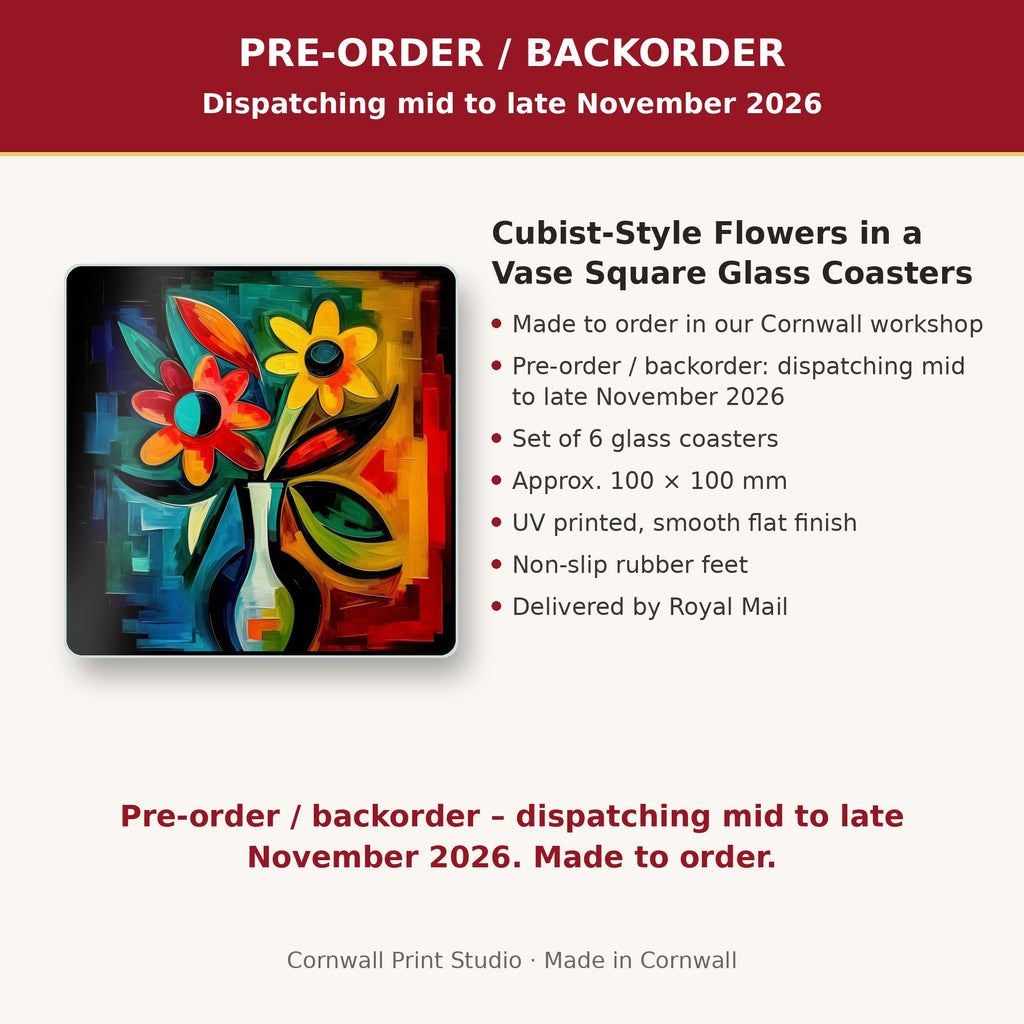 Info card: Cubist-Style Flowers in a Vase Square Glass Coasters – Set of 6, made to order, dispatching mid to late November 2026, delivered by Royal Mail