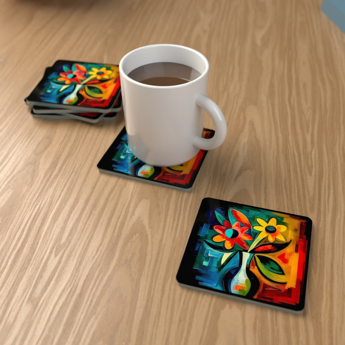 Cubist-Style Flowers in a Vase Square Glass Coasters – Set of 6 – lifestyle mockup with a mug of coffee