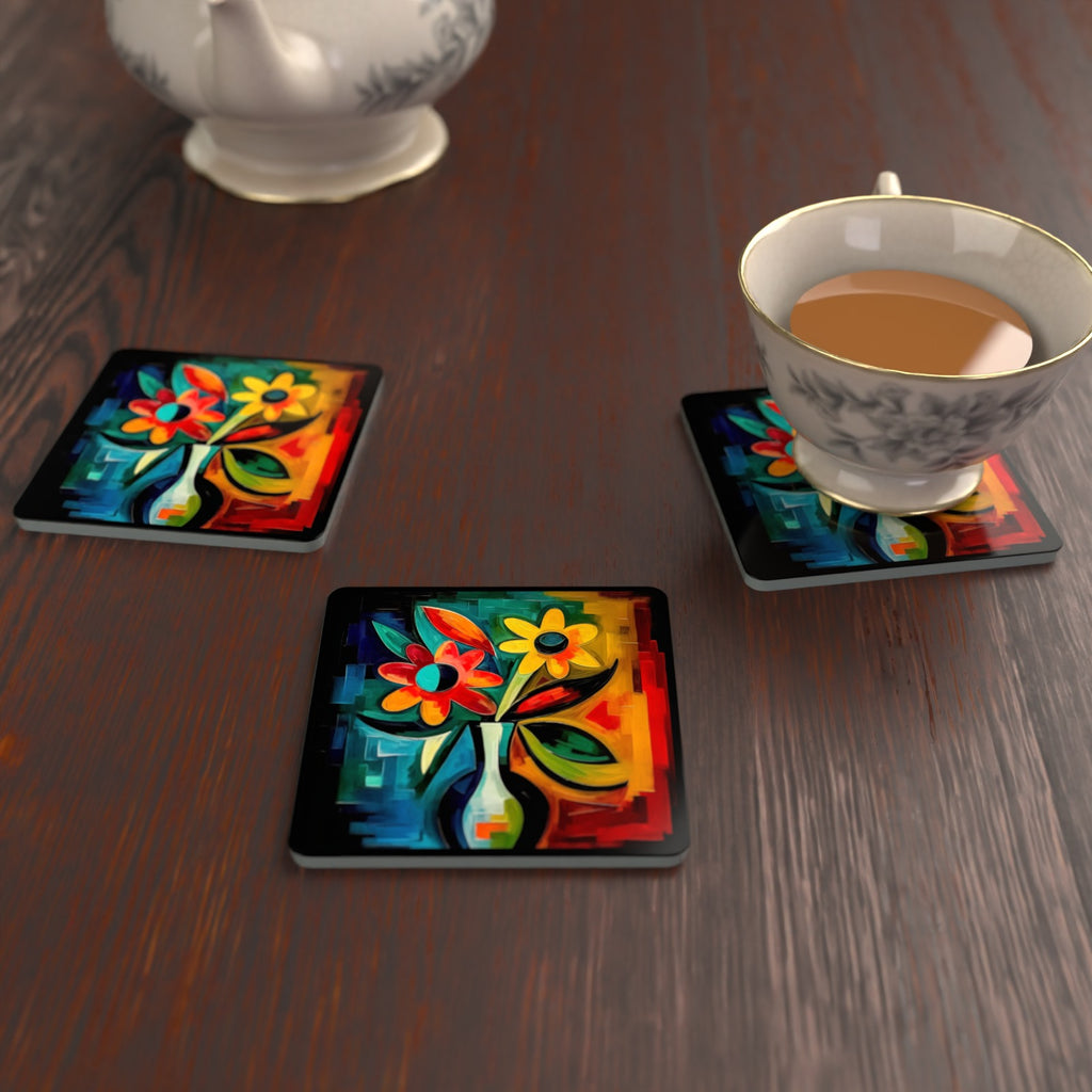 Cubist-Style Flowers in a Vase Square Glass Coasters – Set of 6 – lifestyle mockup with a teacup