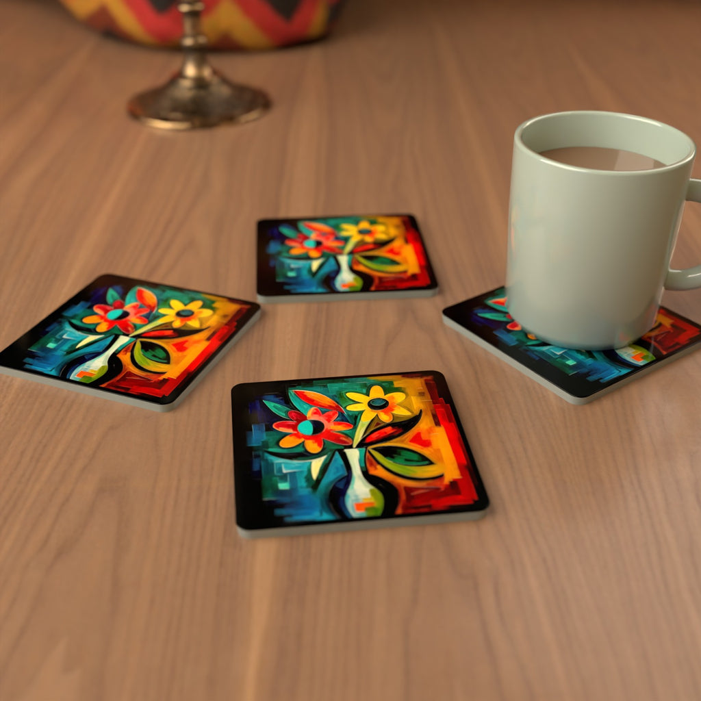 Cubist-Style Flowers in a Vase Square Glass Coasters – Set of 6 – cosy lifestyle mockup
