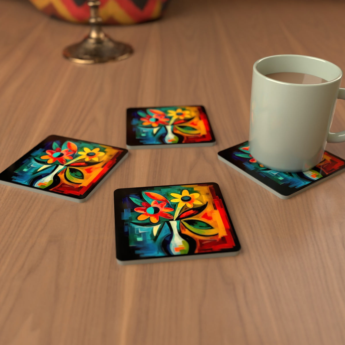 Cubist-Style Flowers in a Vase Square Glass Coasters – Set of 6 – cosy lifestyle mockup