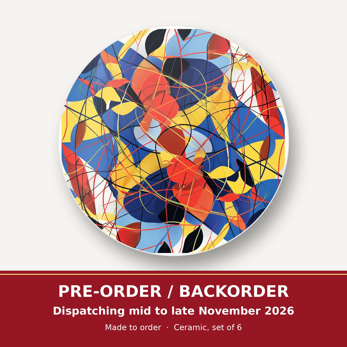 Abstract Lines & Shapes round ceramic coaster set of 6 – pre-order / backorder, dispatching mid to late November 2026