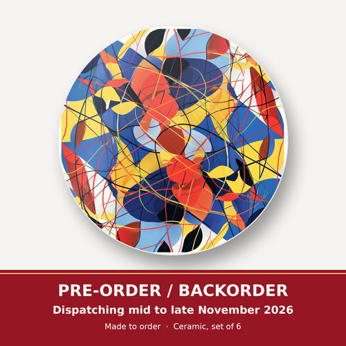 Abstract Lines & Shapes round ceramic coaster set of 6 – pre-order / backorder, dispatching mid to late November 2026