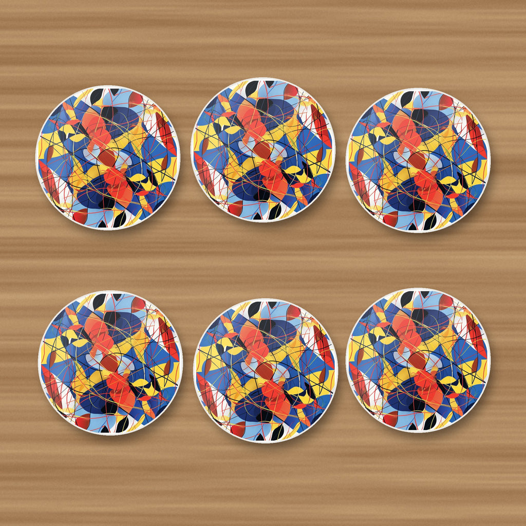 Abstract Lines & Shapes round ceramic coasters, set of 6, on an oak coffee table