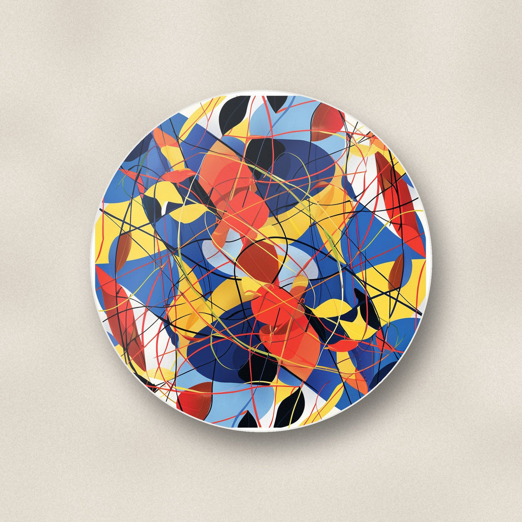 Close-up of one abstract lines & shapes round ceramic coaster, flat UV print