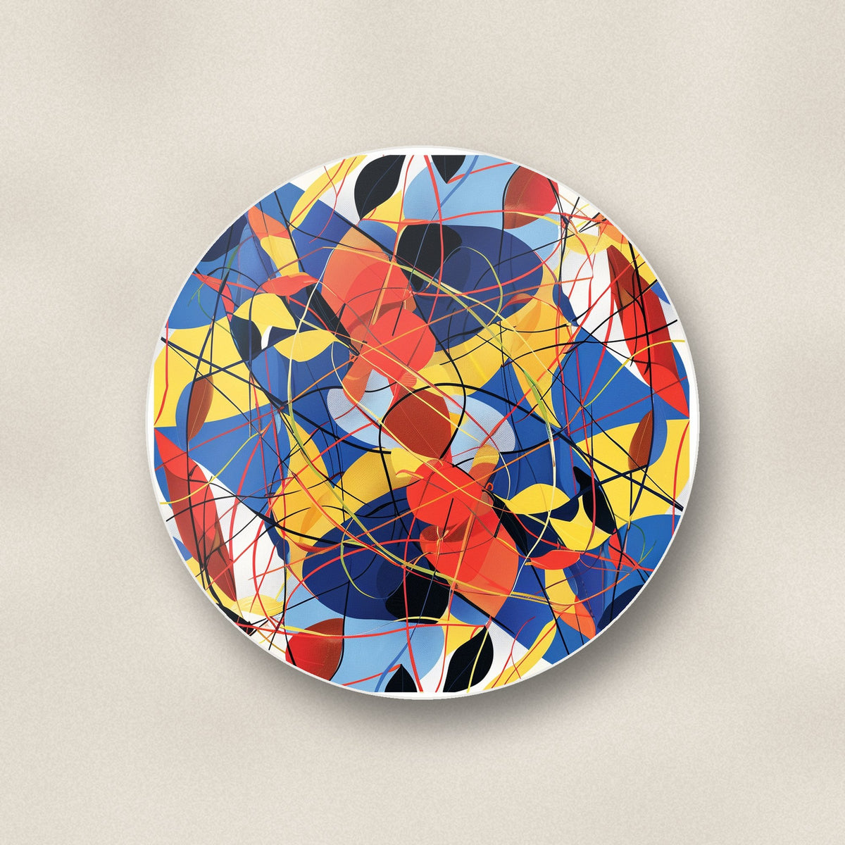 Close-up of one abstract lines & shapes round ceramic coaster, flat UV print