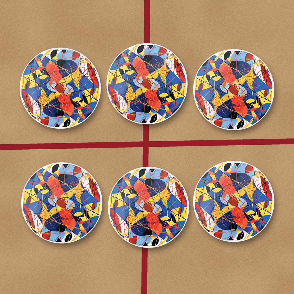 Abstract Lines & Shapes round ceramic coasters on kraft gift wrap