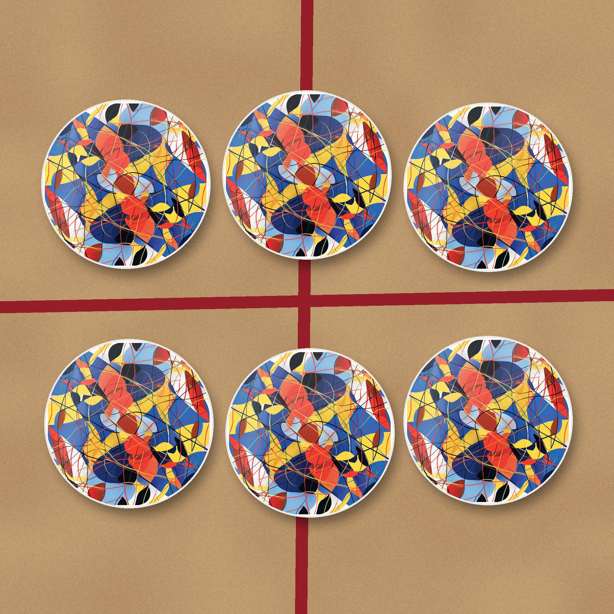 Abstract Lines & Shapes round ceramic coasters on kraft gift wrap