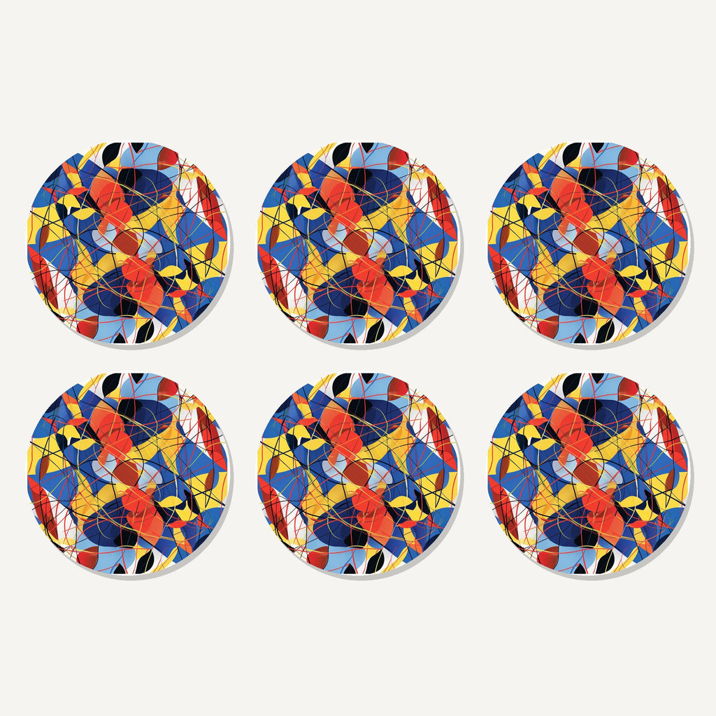 Flat lay of the abstract lines & shapes artwork on six round coasters