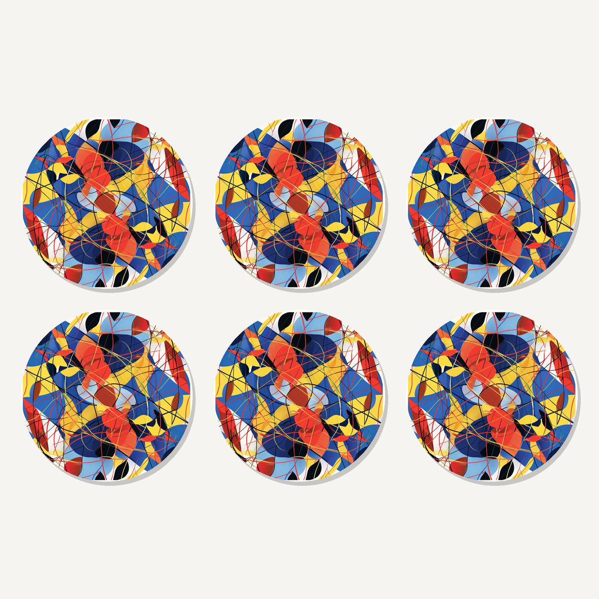 Flat lay of the abstract lines & shapes artwork on six round coasters