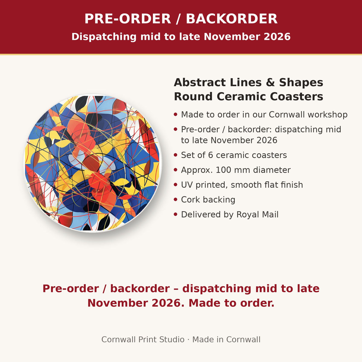 Info card: Abstract Lines & Shapes Round Ceramic Coasters – Set of 6, made to order, dispatching mid to late November 2026, delivered by Royal Mail