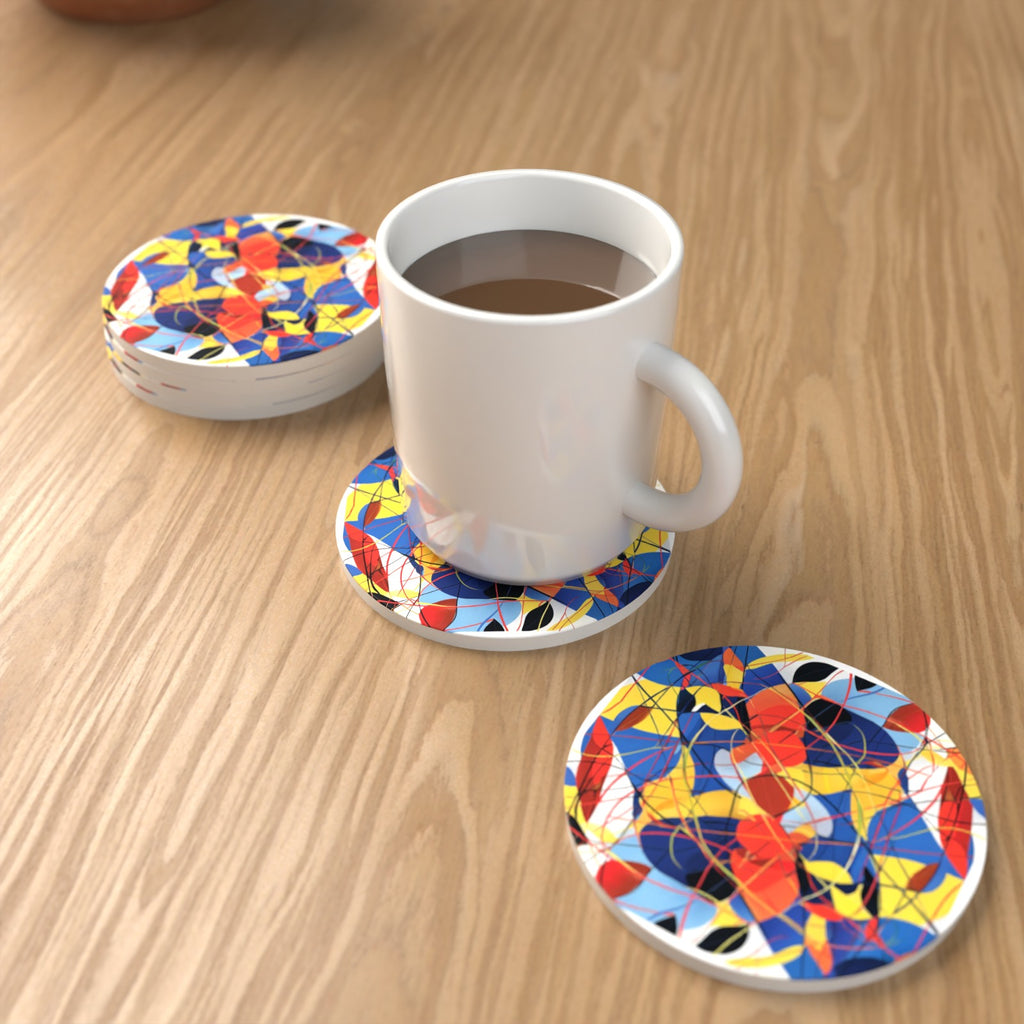 Abstract Lines & Shapes Round Ceramic Coasters – Set of 6 – lifestyle mockup with a mug of coffee
