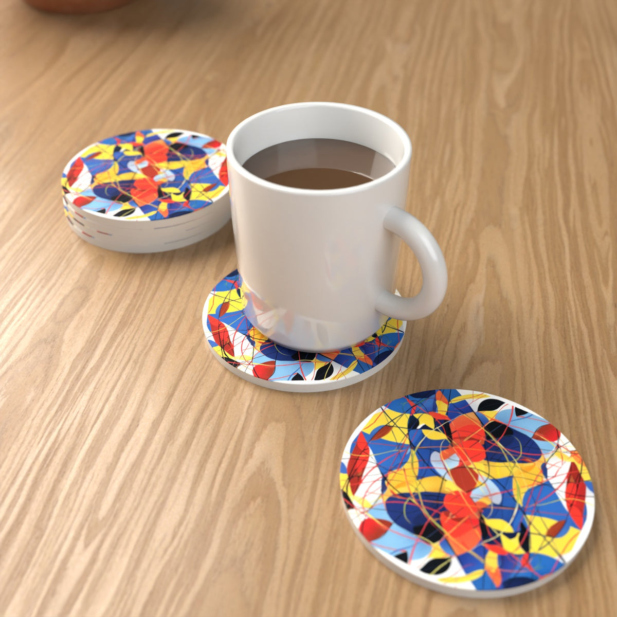 Abstract Lines & Shapes Round Ceramic Coasters – Set of 6 – lifestyle mockup with a mug of coffee