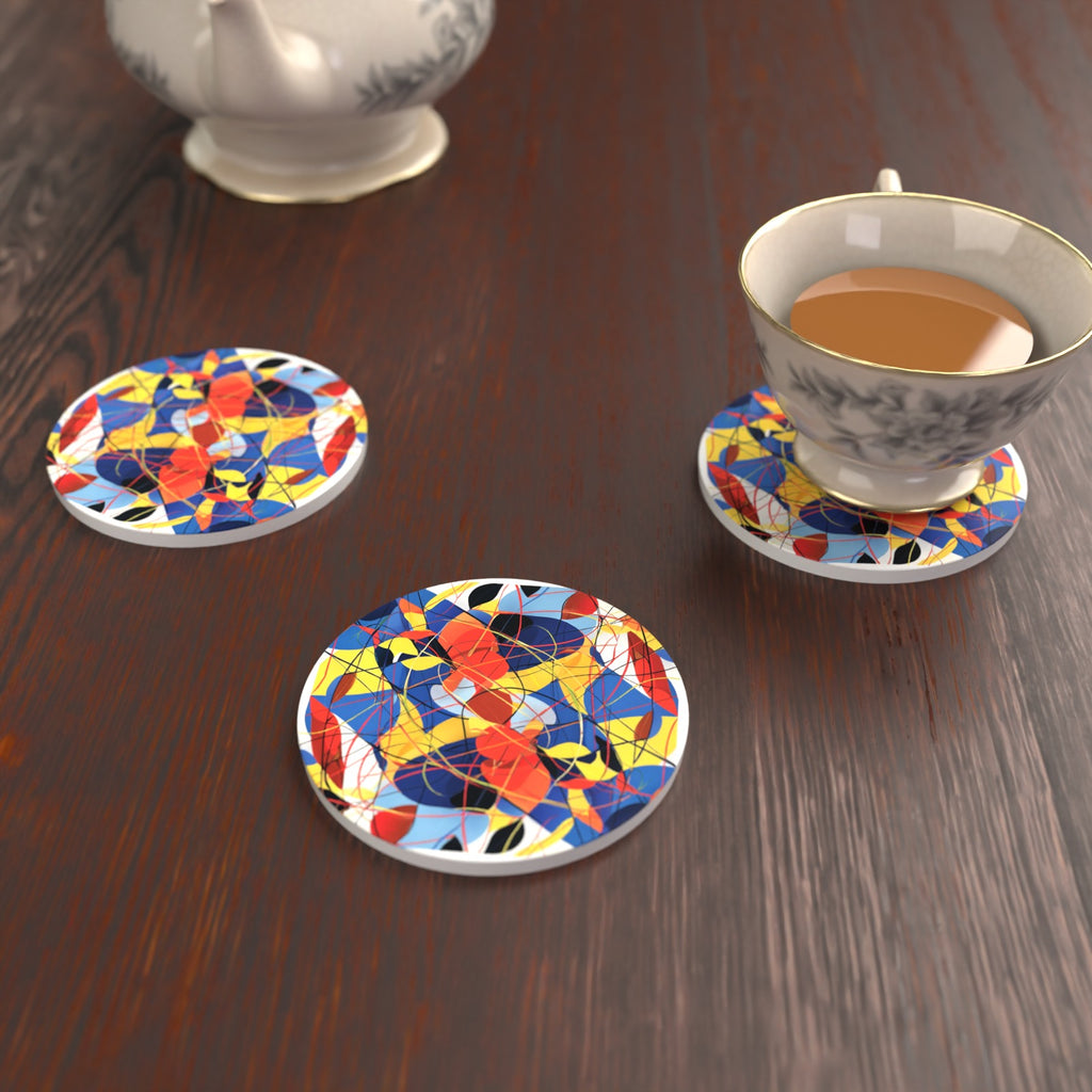 Abstract Lines & Shapes Round Ceramic Coasters – Set of 6 – lifestyle mockup with a teacup