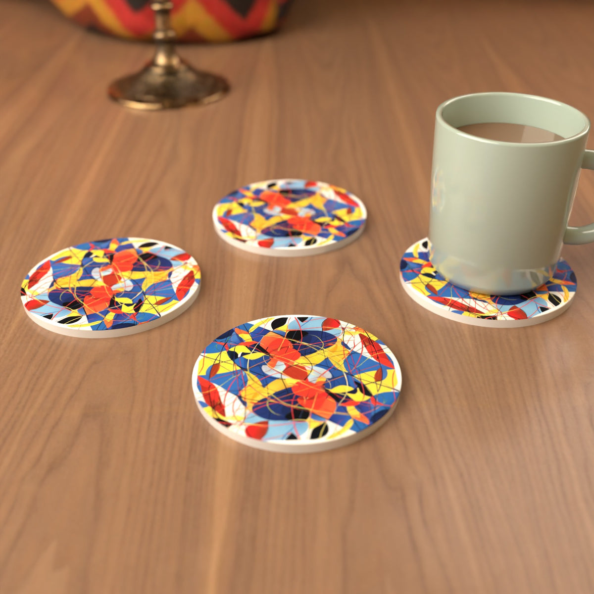 Abstract Lines & Shapes Round Ceramic Coasters – Set of 6 – cosy lifestyle mockup