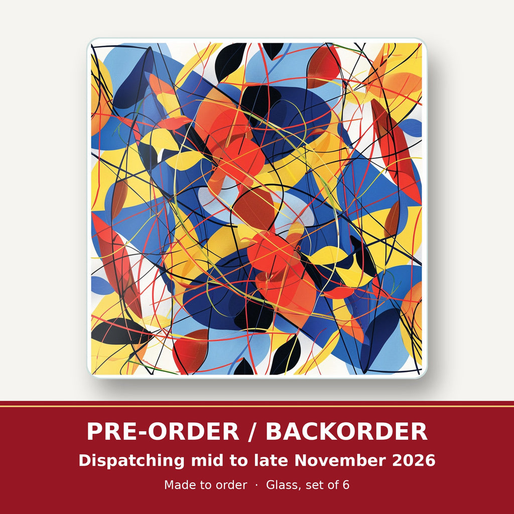 Abstract Lines & Shapes square glass coaster set of 6 – pre-order / backorder, dispatching mid to late November 2026