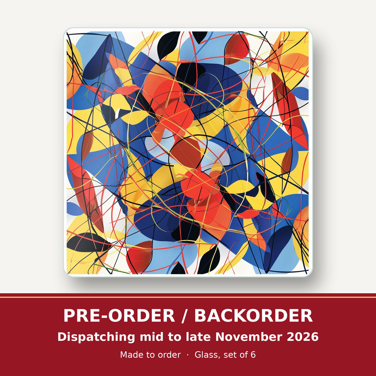 Abstract Lines & Shapes square glass coaster set of 6 – pre-order / backorder, dispatching mid to late November 2026
