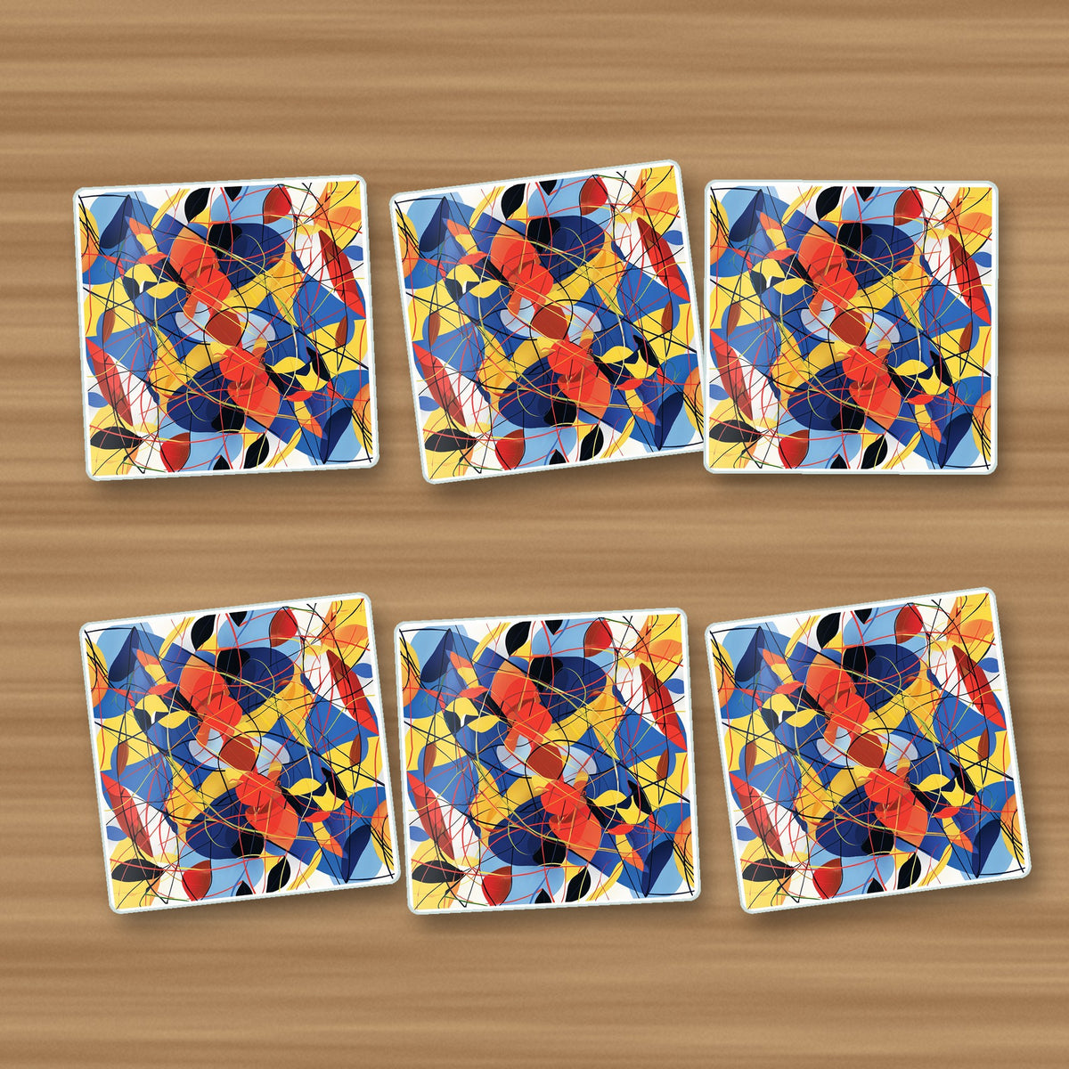 Abstract Lines & Shapes square glass coasters, set of 6, on an oak coffee table