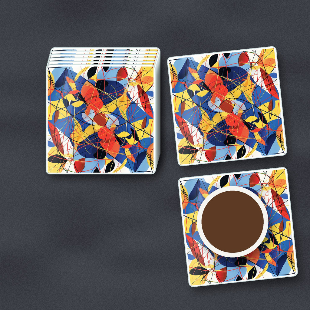 Abstract Lines & Shapes square glass coasters stacked on a slate kitchen worktop