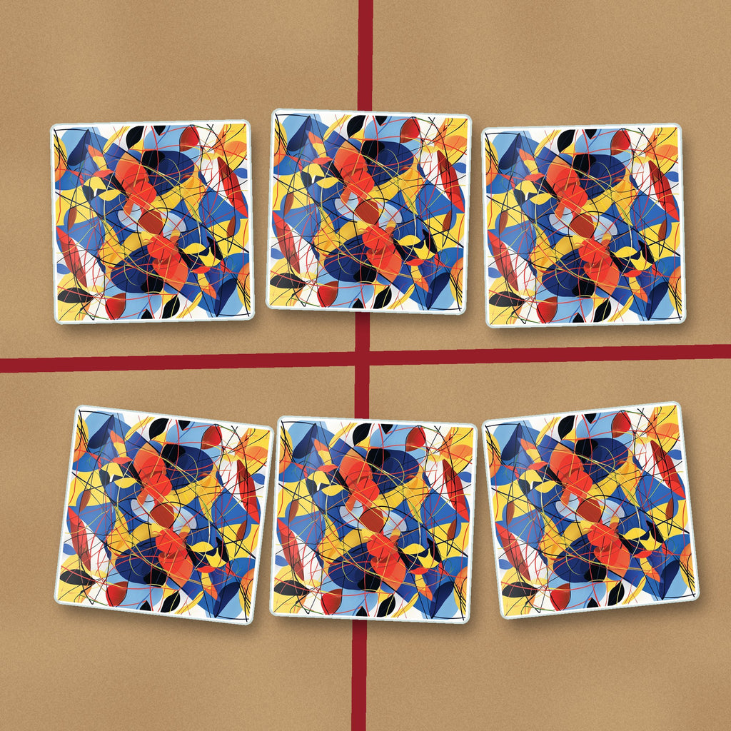 Abstract Lines & Shapes square glass coasters on kraft gift wrap