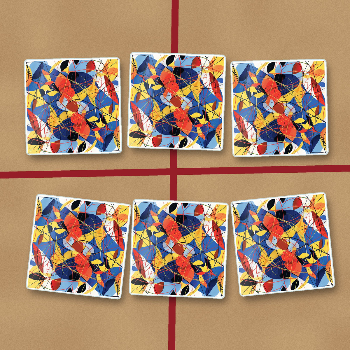 Abstract Lines & Shapes square glass coasters on kraft gift wrap