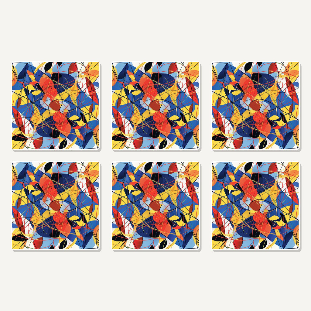 Flat lay of the abstract lines & shapes artwork on six square coasters