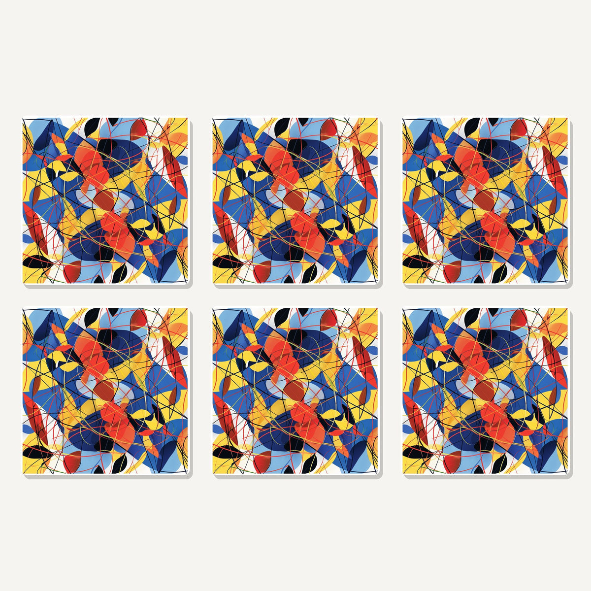 Flat lay of the abstract lines & shapes artwork on six square coasters