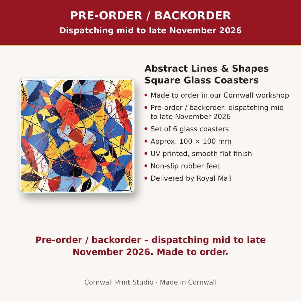 Info card: Abstract Lines & Shapes Square Glass Coasters – Set of 6, made to order, dispatching mid to late November 2026, delivered by Royal Mail