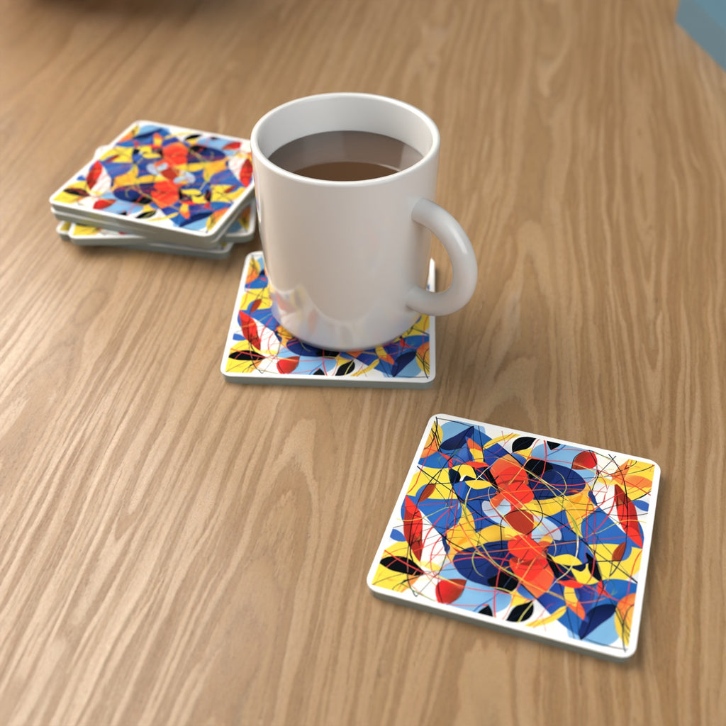 Abstract Lines & Shapes Square Glass Coasters – Set of 6 – lifestyle mockup with a mug of coffee