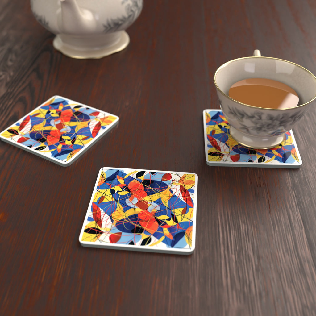 Abstract Lines & Shapes Square Glass Coasters – Set of 6 – lifestyle mockup with a teacup