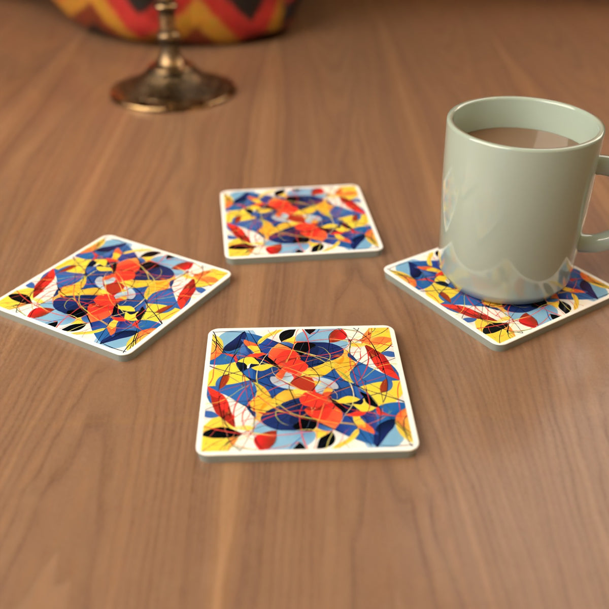 Abstract Lines & Shapes Square Glass Coasters – Set of 6 – cosy lifestyle mockup
