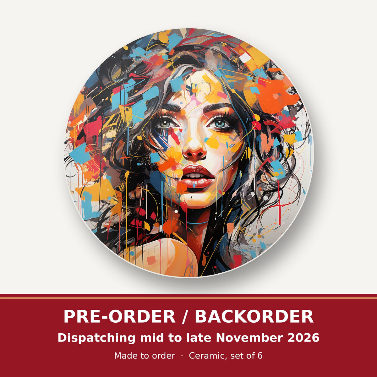 Expressionist Floral Portrait round ceramic coaster set of 6 – pre-order / backorder, dispatching mid to late November 2026