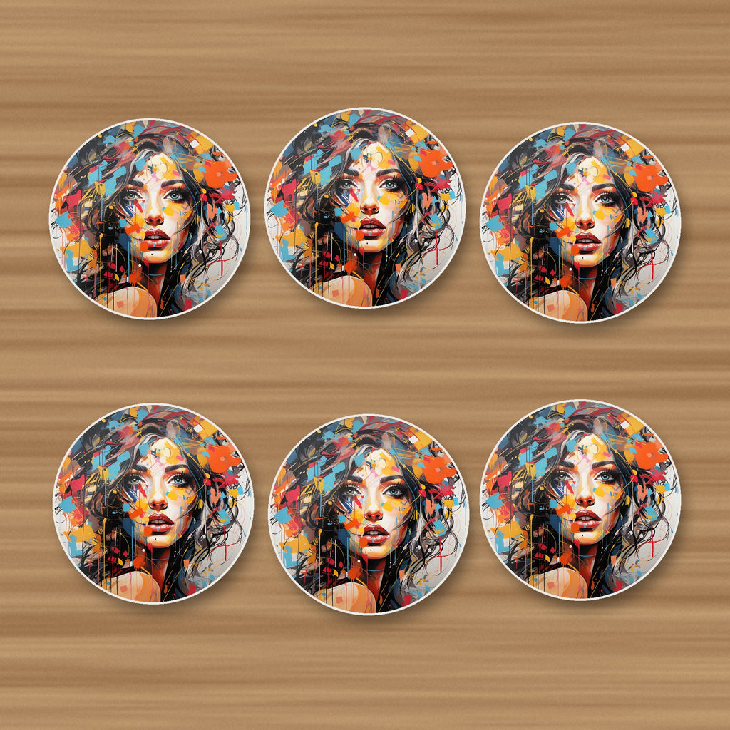 Expressionist Floral Portrait round ceramic coasters, set of 6, on an oak coffee table