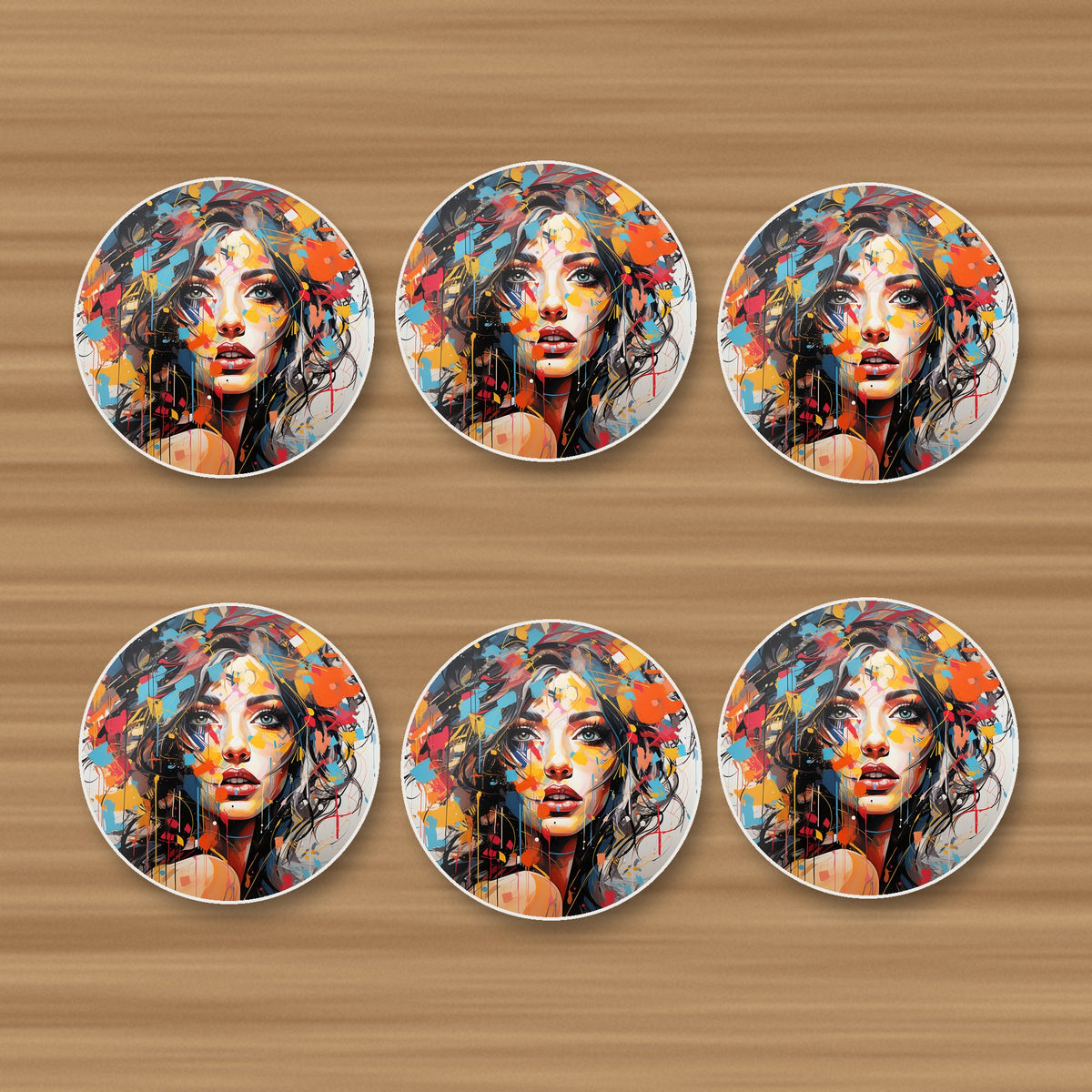 Expressionist Floral Portrait round ceramic coasters, set of 6, on an oak coffee table