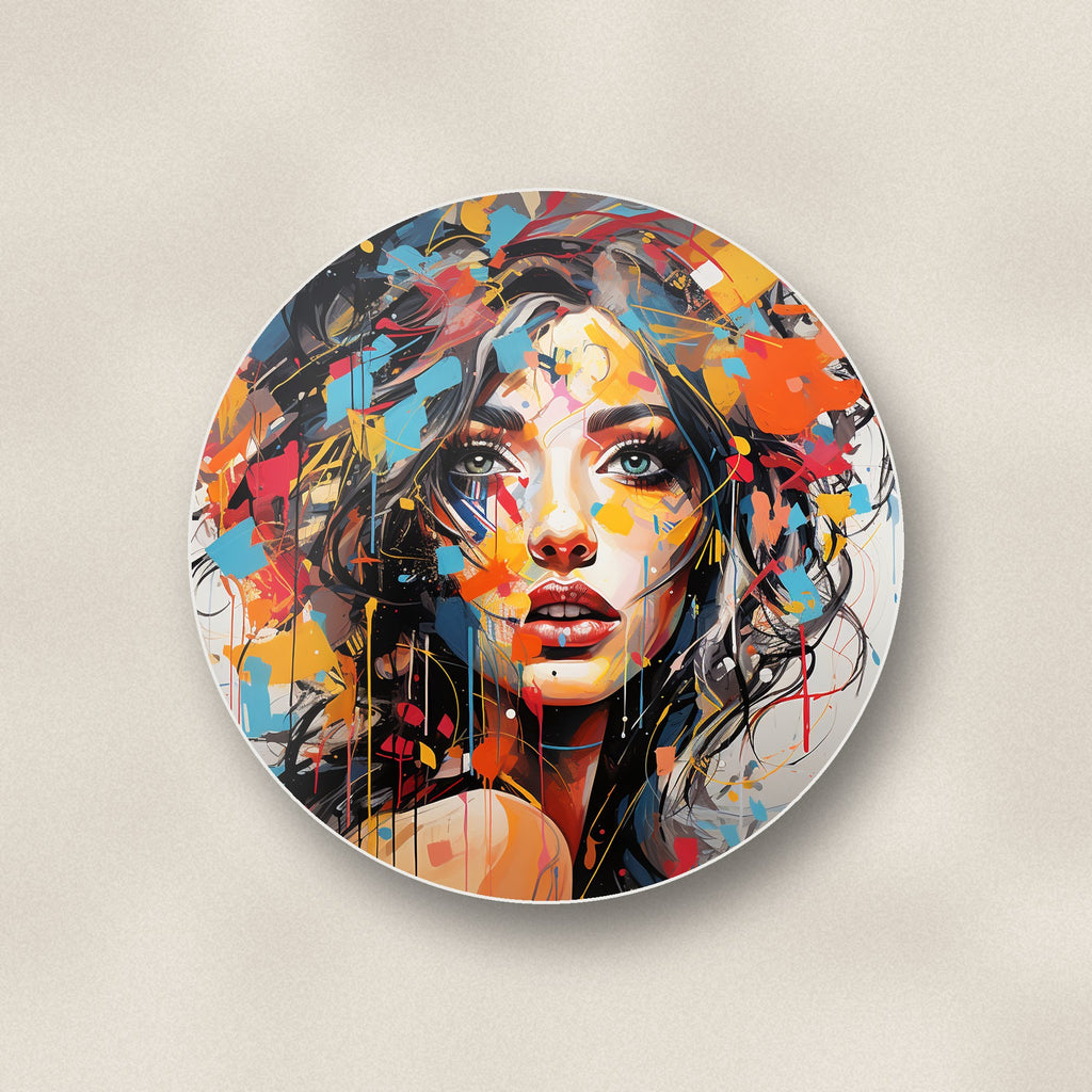 Close-up of one expressionist floral portrait round ceramic coaster, flat UV print
