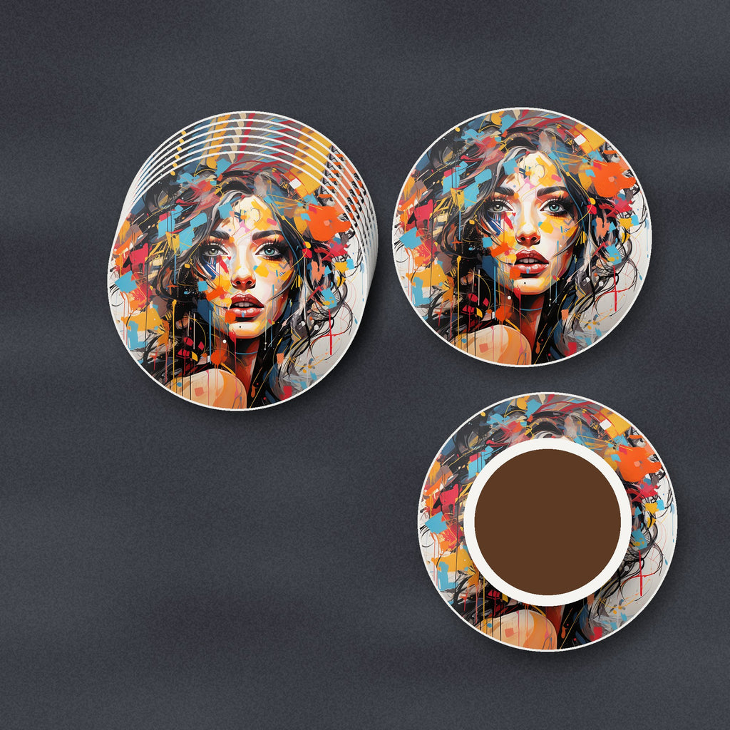 Expressionist Floral Portrait round ceramic coasters stacked on a slate kitchen worktop