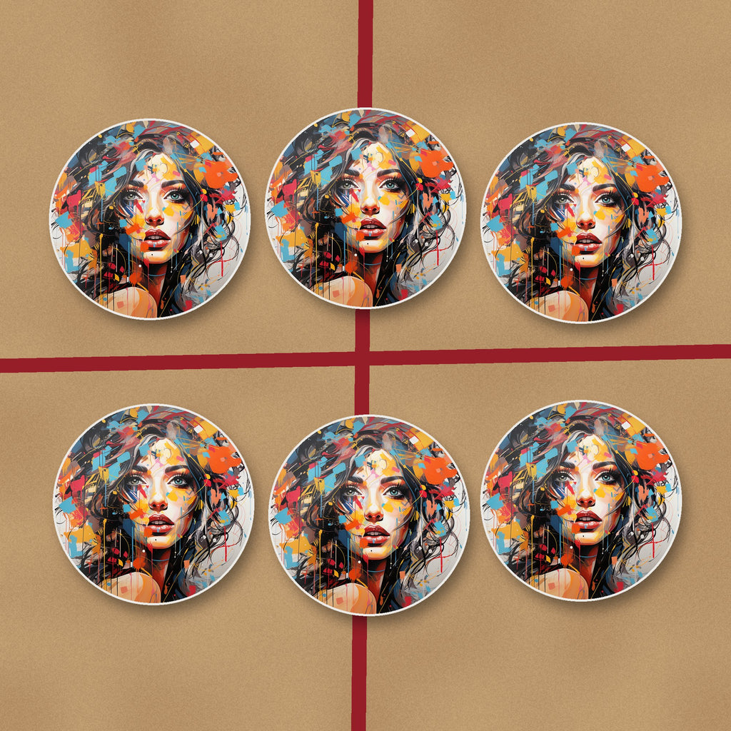 Expressionist Floral Portrait round ceramic coasters on kraft gift wrap