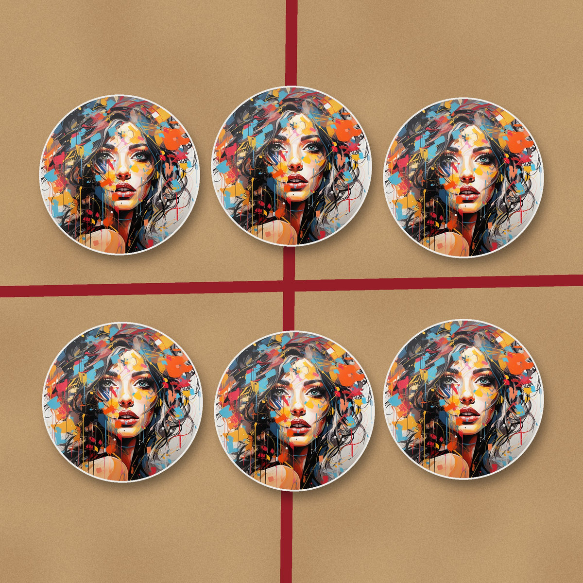 Expressionist Floral Portrait round ceramic coasters on kraft gift wrap