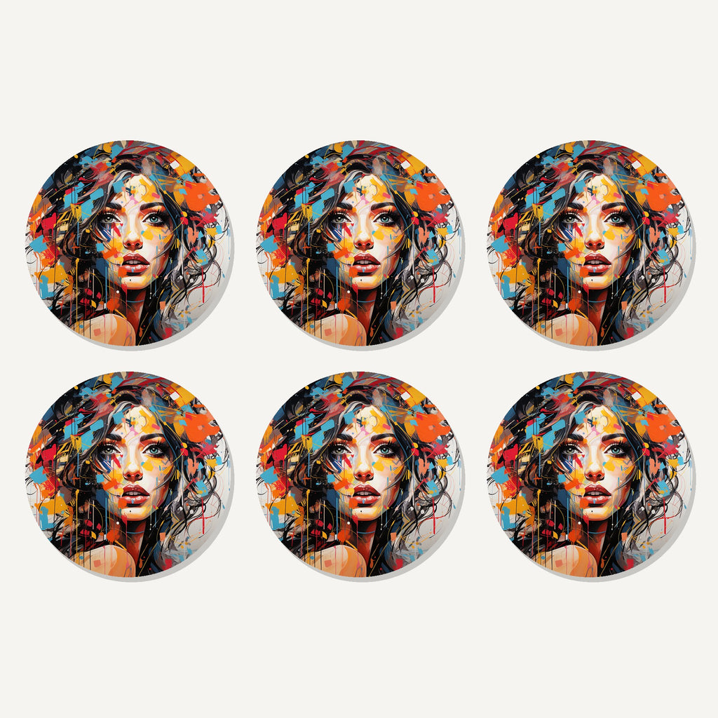 Flat lay of the expressionist floral portrait artwork on six round coasters