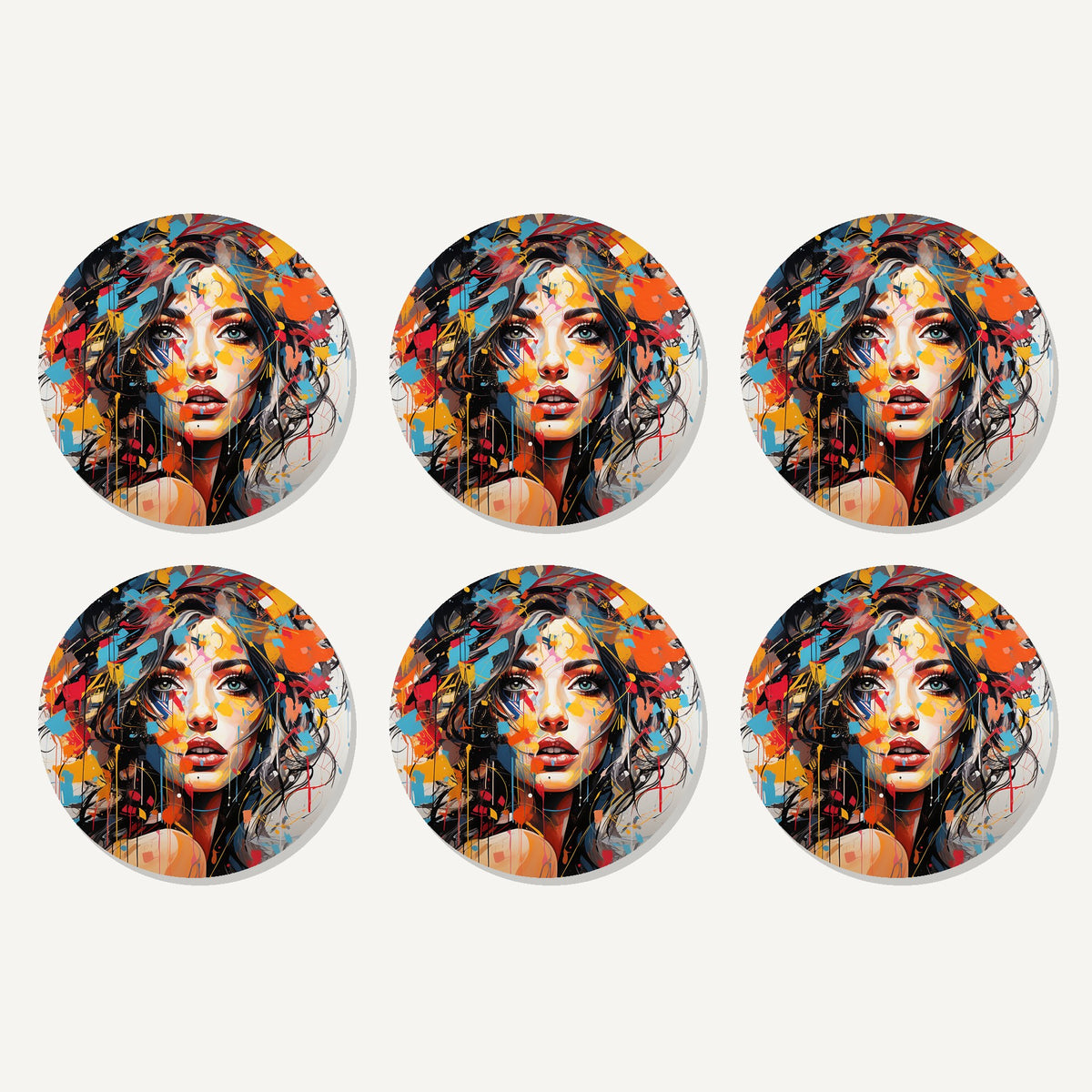 Flat lay of the expressionist floral portrait artwork on six round coasters