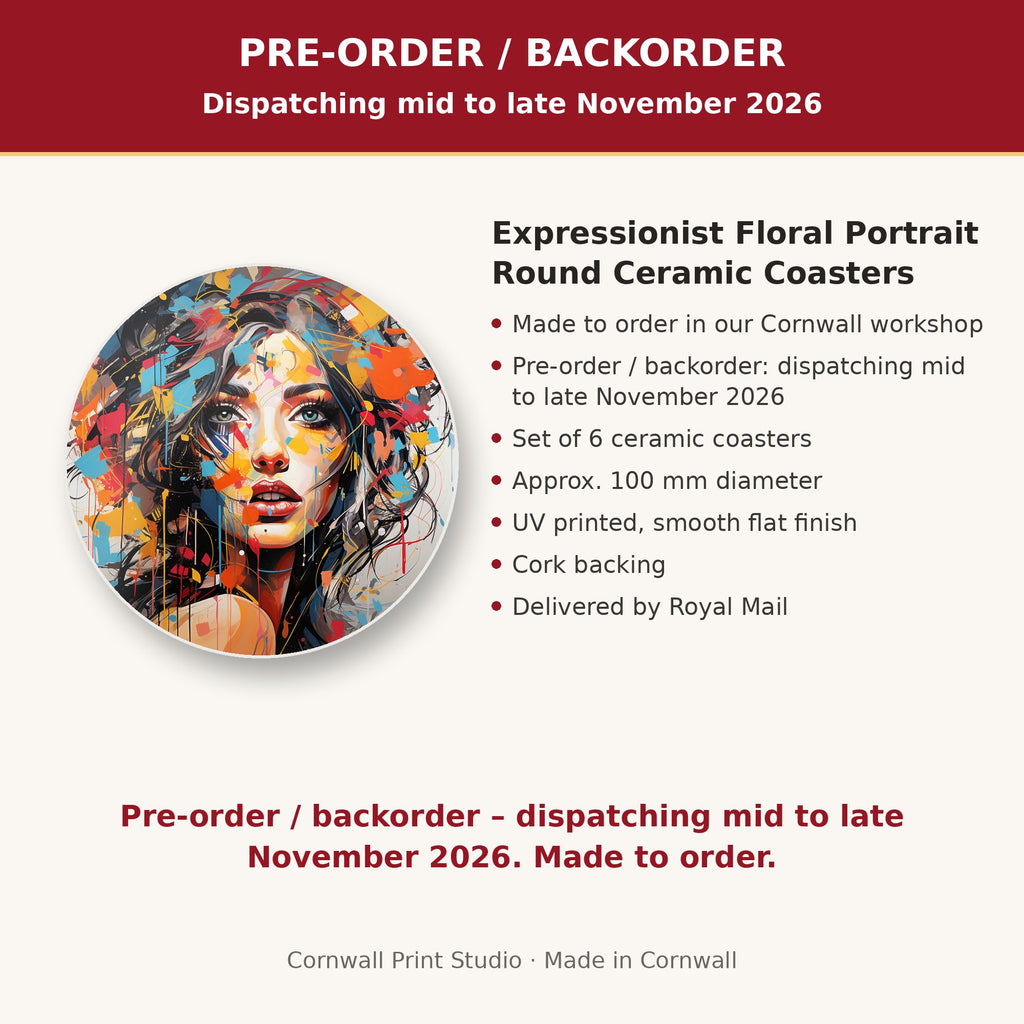 Info card: Expressionist Floral Portrait Round Ceramic Coasters – Set of 6, made to order, dispatching mid to late November 2026, delivered by Royal Mail