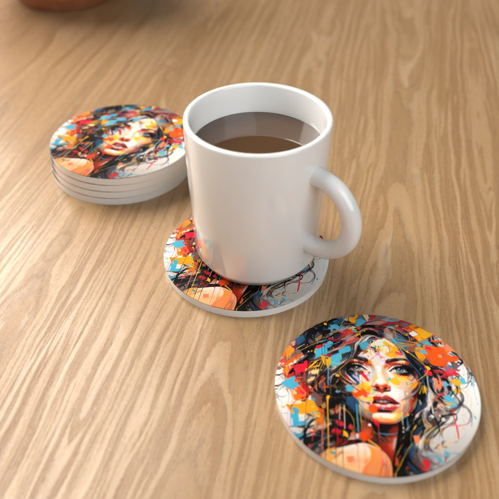 Expressionist Floral Portrait Round Ceramic Coasters – Set of 6 – lifestyle mockup with a mug of coffee
