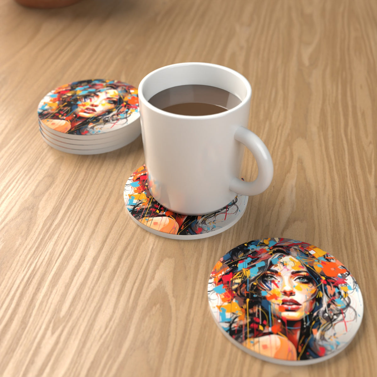 Expressionist Floral Portrait Round Ceramic Coasters – Set of 6 – lifestyle mockup with a mug of coffee