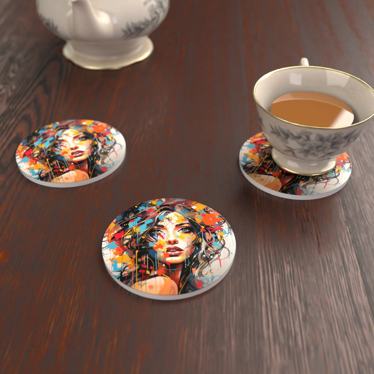 Expressionist Floral Portrait Round Ceramic Coasters – Set of 6 – lifestyle mockup with a teacup