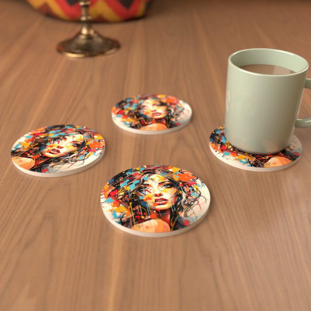 Expressionist Floral Portrait Round Ceramic Coasters – Set of 6 – cosy lifestyle mockup
